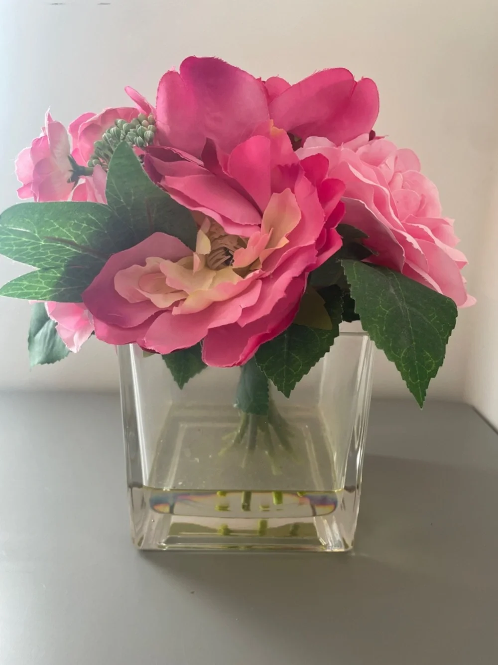 Pink Artificial Rose Bouquet in Clear Square Vase
